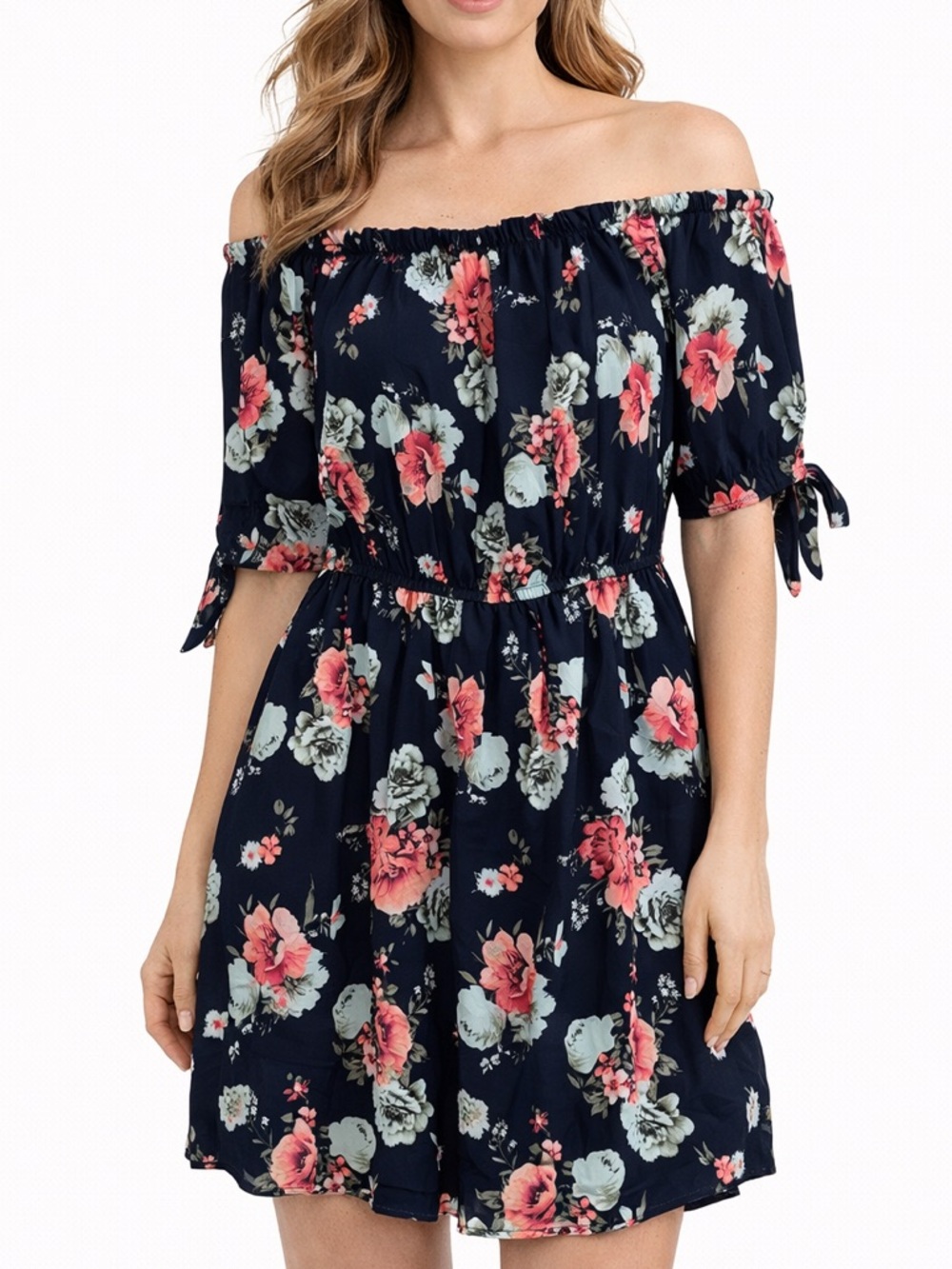 Ardene Navy Floral Off-Shoulder Midi Dress with Coral and Mint Blooms size L